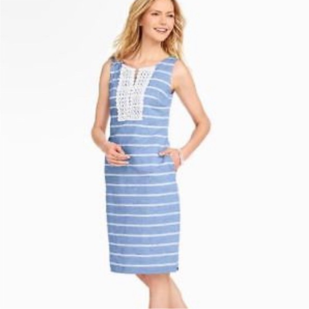 Talbot's Blue & White Striped Shift Dress Summer Eyelet Detailing size 4